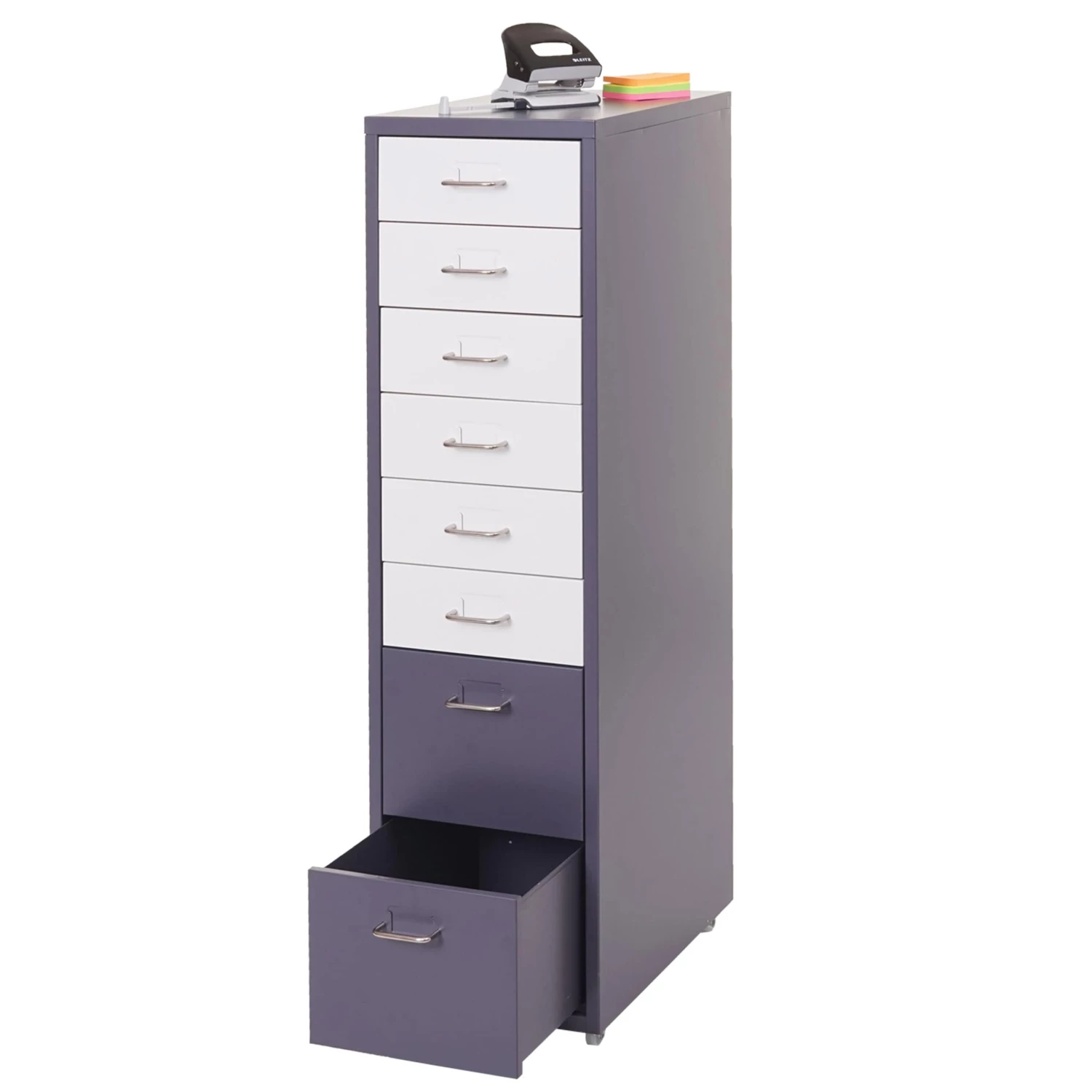 Rollcontainer Preston T851, Schubladenschrank Stahlschrank, 110x28x41cm 8 Schubladen ~ Dunkelgrau Weiß-dunkelgrau
