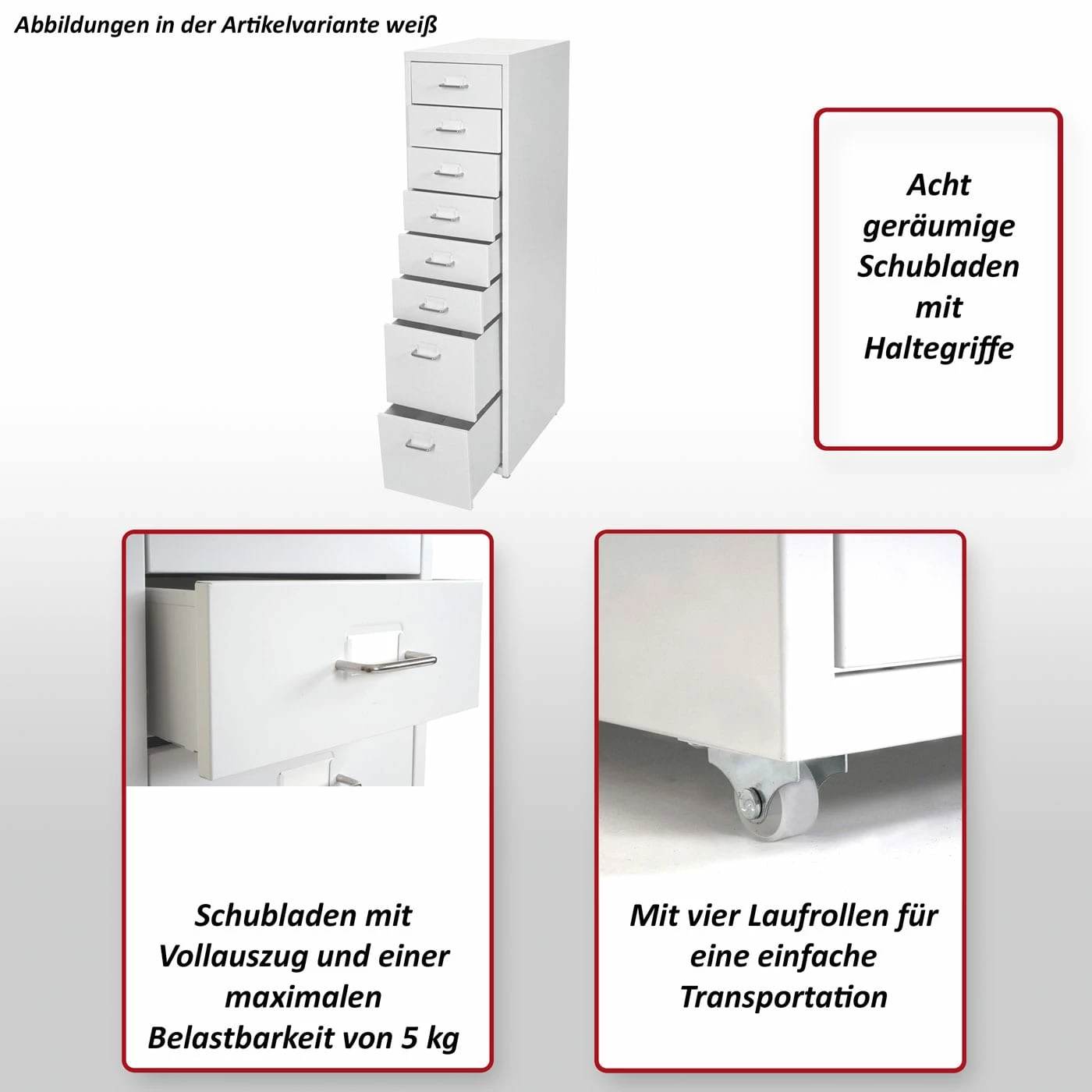 Rollcontainer Preston T851, Schubladenschrank Stahlschrank, 110x28x41cm 8 Schubladen ~ Dunkelgrau Weiß-dunkelgrau – Bild 2