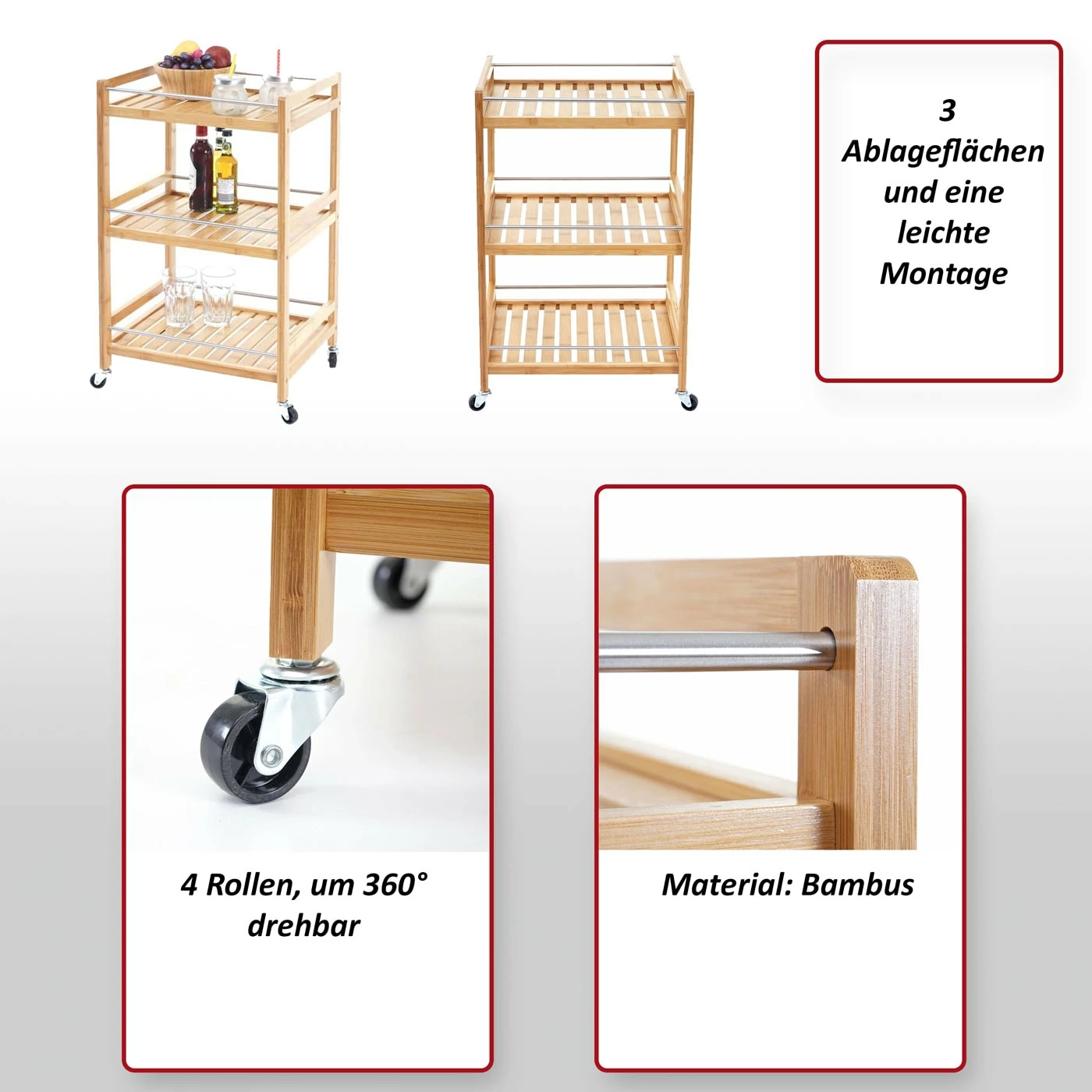 Rollwagen MCW-D91, Rollregal Allzweckwagen Bücherregal, 3 Ebenen Bambus 76x46x38cm – Bild 2