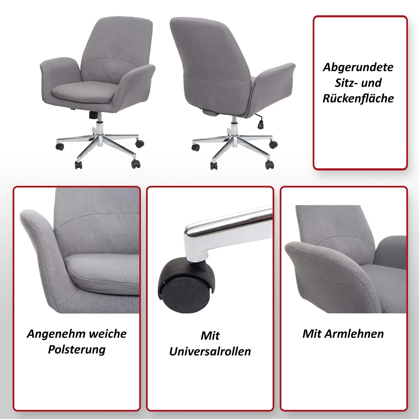 Bürostuhl MCW-K23, Schreibtischstuhl Drehstuhl Lehnstuhl, Stoff/Textil Mit Armlehne ~ Grau – Bild 2