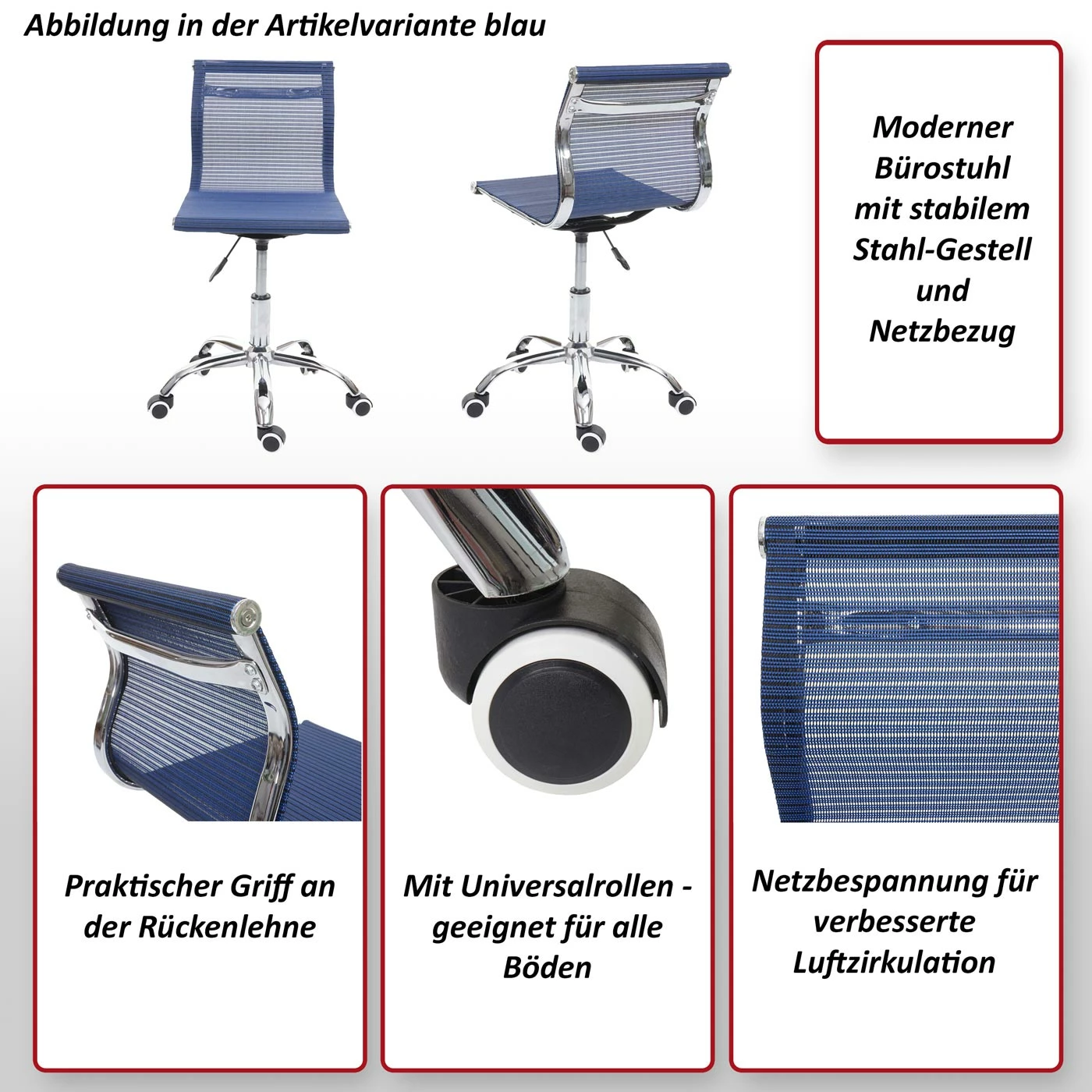 Bürostuhl MCW-K53, Drehstuhl Schreibtischstuhl Computerstuhl, Netzbezug Stoff/Textil ~ Blau – Bild 2