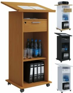 VCM Holz Stehpult Rednerpult Mobil Stehtisch Rollbar Rollen Schublade Melta