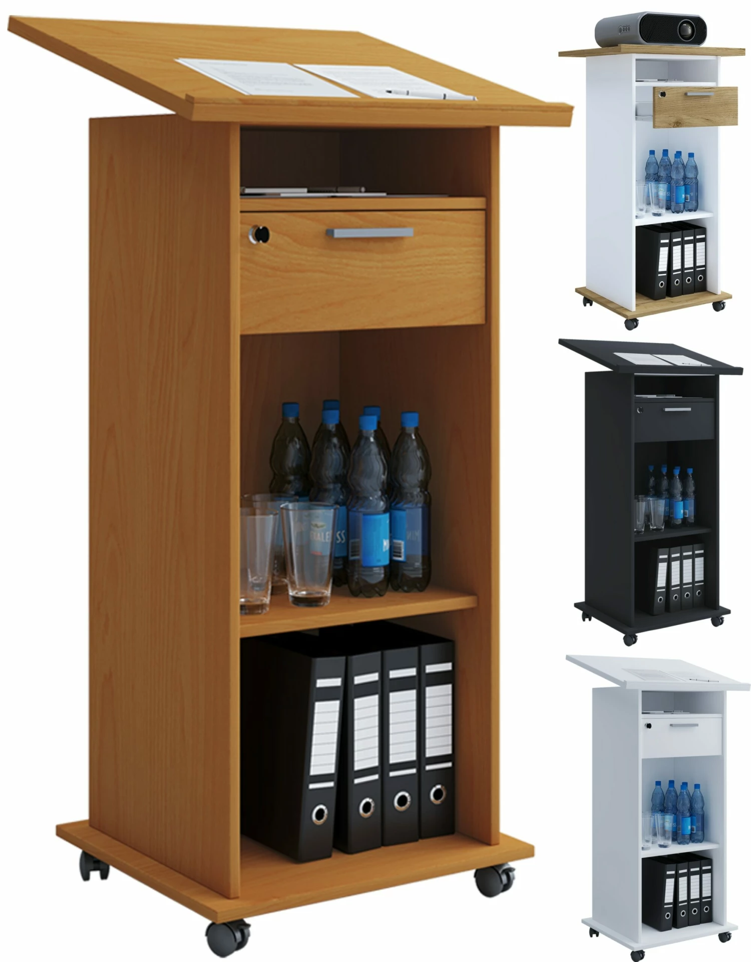 VCM Holz Stehpult Rednerpult Mobil Stehtisch Rollbar Rollen Schublade Melta