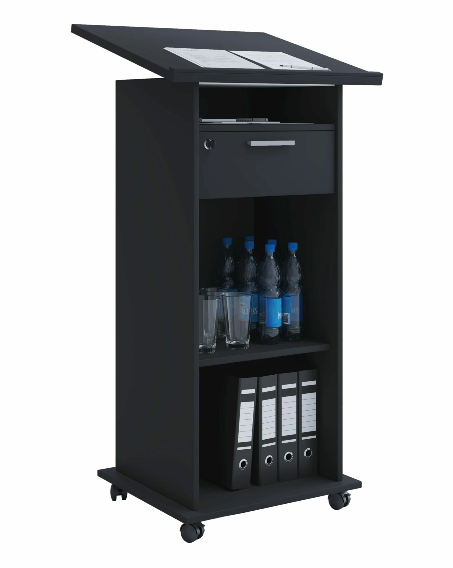 VCM Holz Stehpult Rednerpult Mobil Stehtisch Rollbar Rollen Schublade Melta – Bild 2