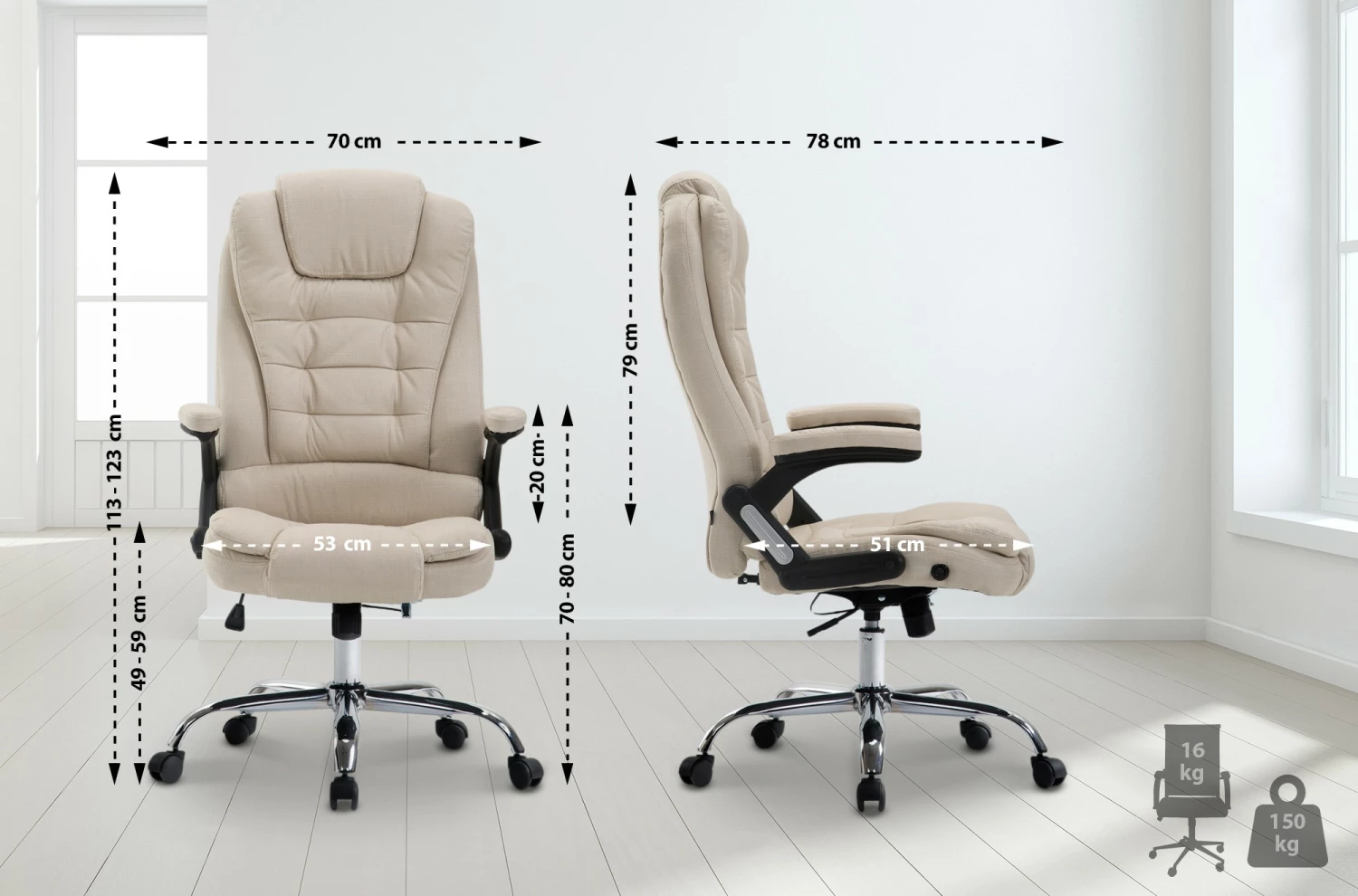 CLP XXL Chefsessel THOR Mit Stoffbezug, Max. Belastbar Bis 150 Kg, Bürostuhl Mit Armlehnen, Höhenverstellbar, Drehstuhl Mit Dickem Polster – Bild 3