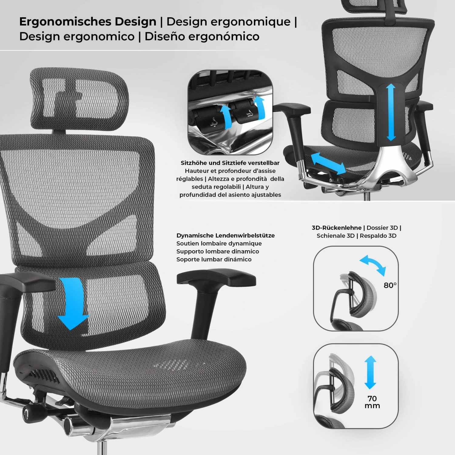 CLP Bürostuhl Spokane Ergonomic I Ergonomischer Schreibtischstuhl I Kopfstütze – Bild 3