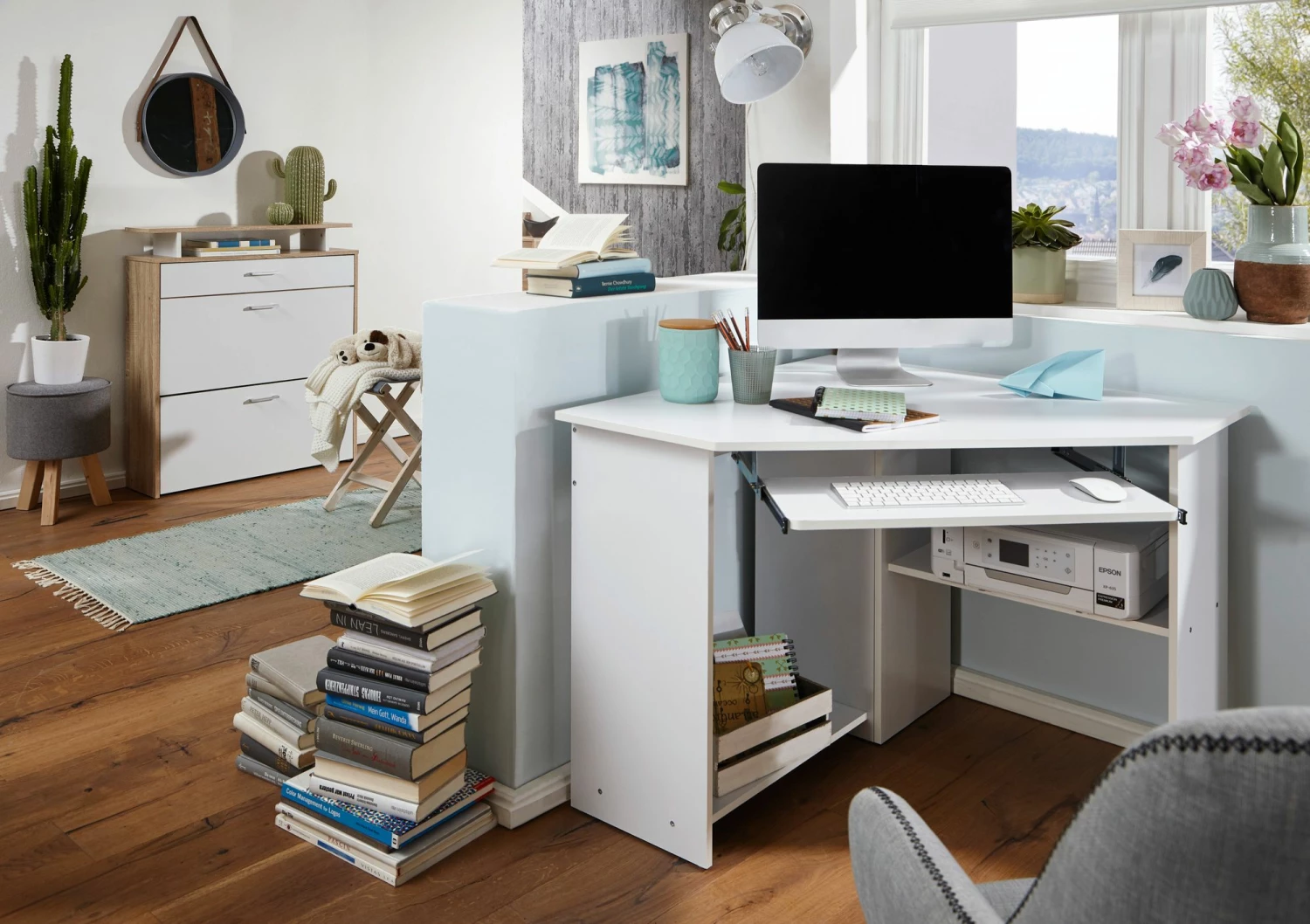 FineBuy Eckschreibtisch Computertisch ROM Weiß Mit Ablage PC Schreibtisch – Bild 3