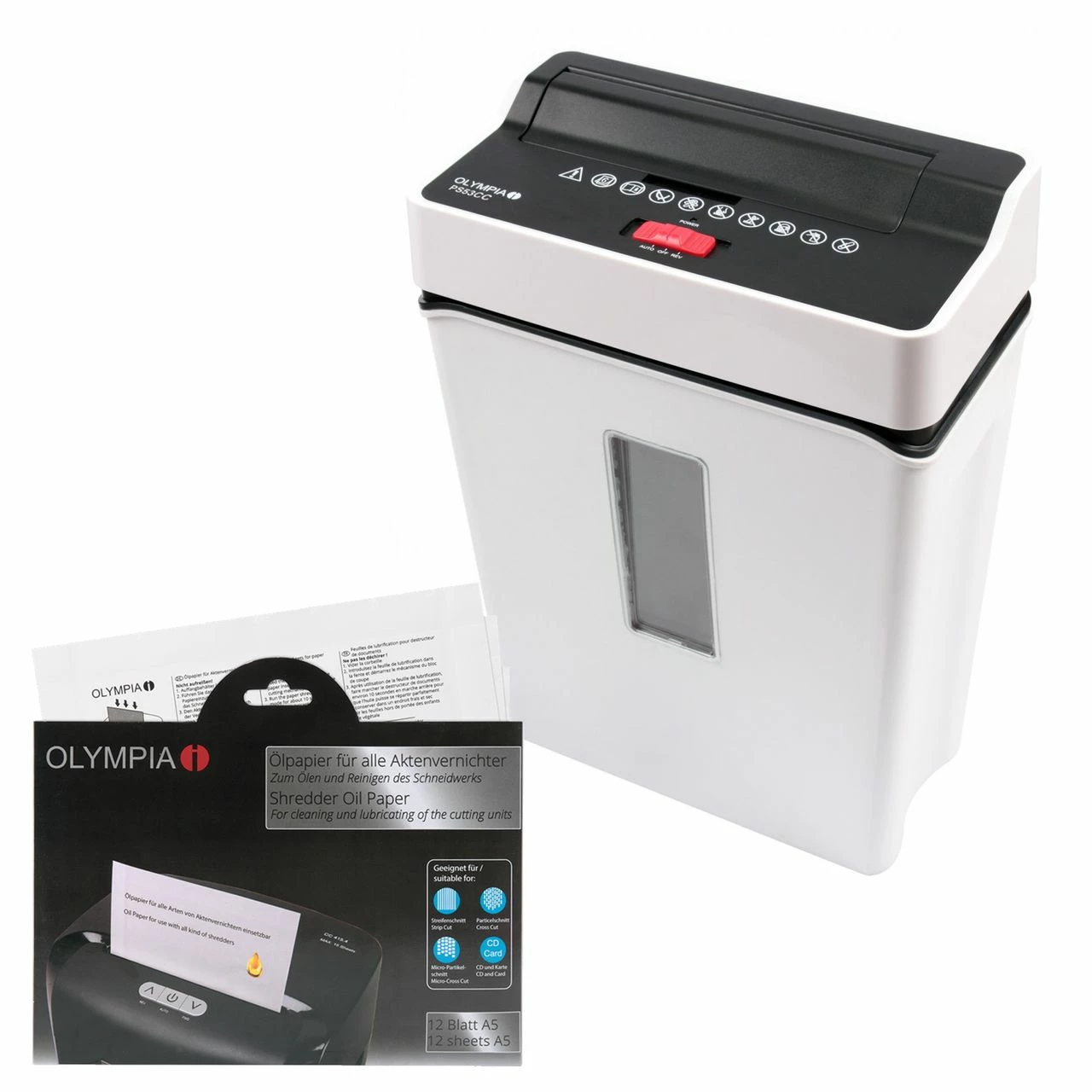 OLYMPIA PS 53 CC Set Mit Ölpapier Aktenvernichter,Partikelschnitt Sicherheitsstufe P4 Weiß