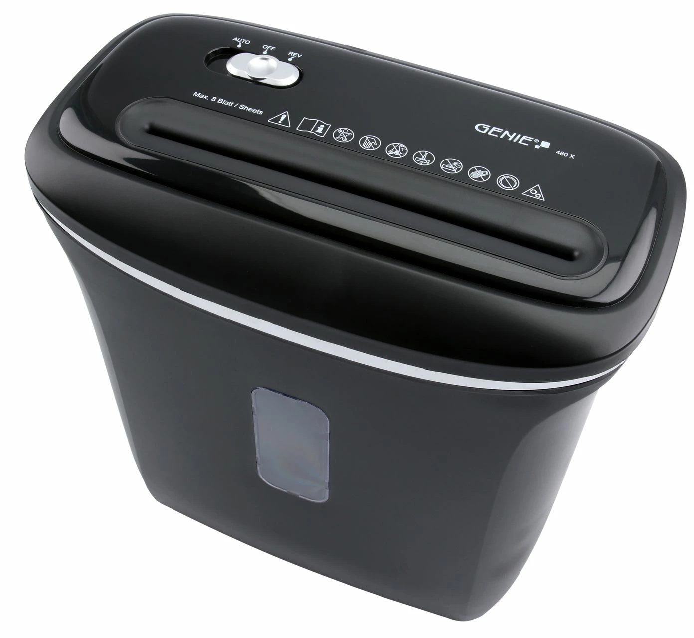 GENIE 480X Aktenvernichter Shredder 8 Blatt Partikelschnitt 12 Liter Sicherheitsstufe P4