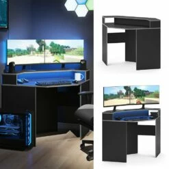 Vicco Eckcomputertisch Schreibtisch Arbeitstisch Kron Schwarz Grau 90x87 Modern Monitorempore Bürotisch PC-Tisch Arbeitszimmer Homeoffice Büromöbel Computermöbel Ablage Aufbewahrung