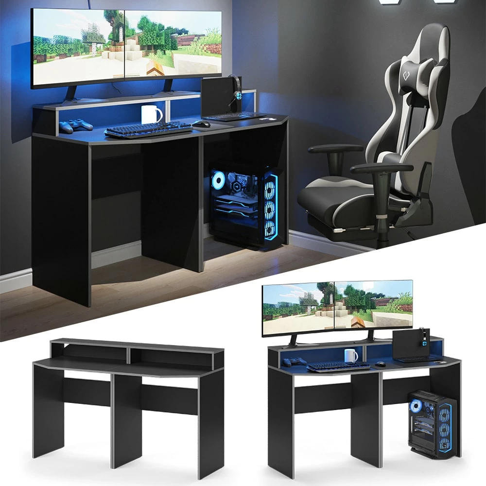 Vicco Computermöbelset Kron Schwarz Grau Modern Schreibtisch Bürotisch PC-Tisch Arbeitstisch Arbeitszimmer Homeoffice Büromöbel Monitorempore