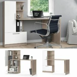 Vicco Arbeitstisch Schreibtisch Bürotisch Tomy Sonoma Weiß 150x120 Modern Computertisch PC-Tisch Arbeitszimmer Homeoffice Büromöbel Computermöbel Schrankschublade Schranktür Regalanbau